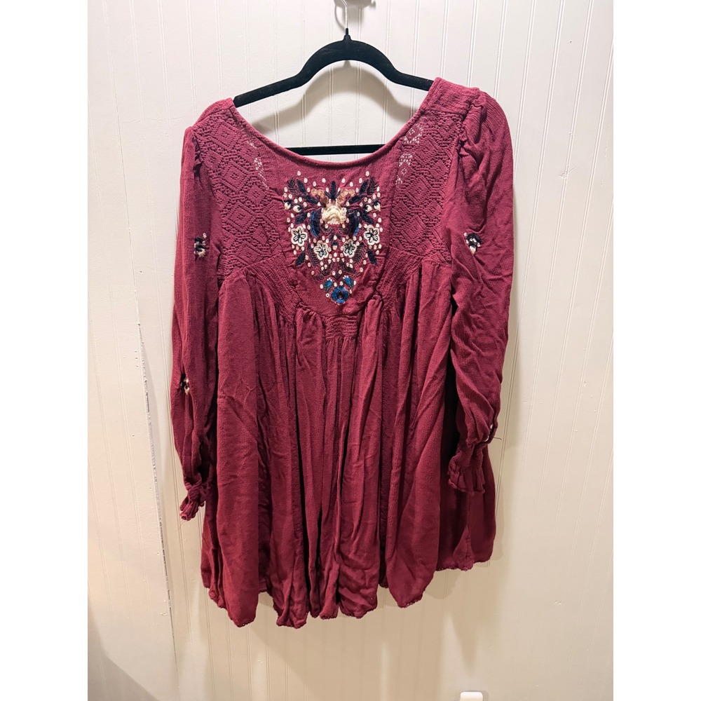 Free People Burgundy Embroidered Boho‎ Babydoll Tunic Top Long Sleeve Maroon M